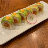 Robert Roll (Cut)* · Spicy tuna, shrimp mixture of and snow crab, topped with sliced avocado, and spicy mayo
