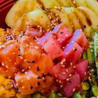 Two Protein Poke Bowl · choose two proteins, four veggies, and two sauces