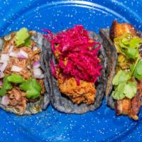 Macheen Tacos · Lunch tacos - Mix & match any (3)  tacos 
All tacos  are on a blue corn tortilla 

**Fried f...