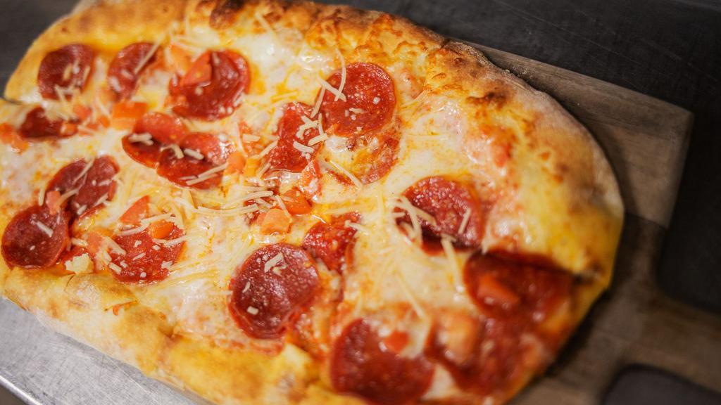 Pepperoni · Tomato sauce, mozzarella and parmesan cheese, tomatoes.