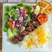 Steak (Filet Mignon) Rice & Kabob Plate · Steak (Filet Mignon), Grilled Pepper & Tomato, Seasoned Rice – Served with side salad and pi...