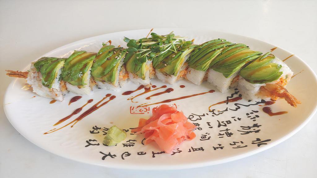 Caterpillar Roll · In; crab meat, avocado, cucumber. Out; avocado.