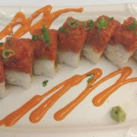 Sun Fire Roll · In; spicy albacore, avocado, cucumber, jalapeno. Out; spicy tuna.