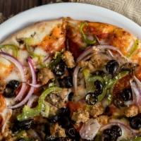 The Works · Pepperoni, meat balls, sausage, black olives, mushrooms onions, green peppers.