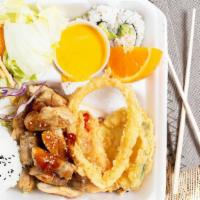 Chicken Teriyaki · Served with salad rice tempura and two pieces cal roll.