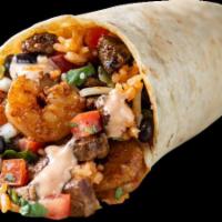 Surf & Turf Burrito · 13 inch flour tortilla filled with premium steak, beer-battered or sauteed shrimp, your choi...