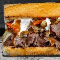 Bodacious Beef Dip. · Thinly Sliced Roast Beef | Melted Provolone | 
Truffled Onions & Mushrooms | Hot Giardiniera...