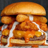 Buffalo Chicken Burger. · 1/4 Pound USDA Certified Black Angus Beef | 
Melted Cheddar | Chicken Fingers | Mozzarella S...