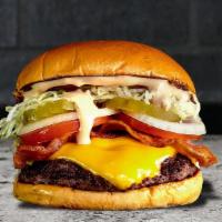 Bacon Cheeseburger. · 1/4 Pound USDA Certified Black Angus Beef | Crisp Bacon | American Cheese | Shredded Lettuce...