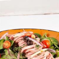 Antipasto Salad · Organic Spring Mix, Salami, Mortadella, Provolone Cheese, Grape Tomatoes, Cucumbers, Green P...
