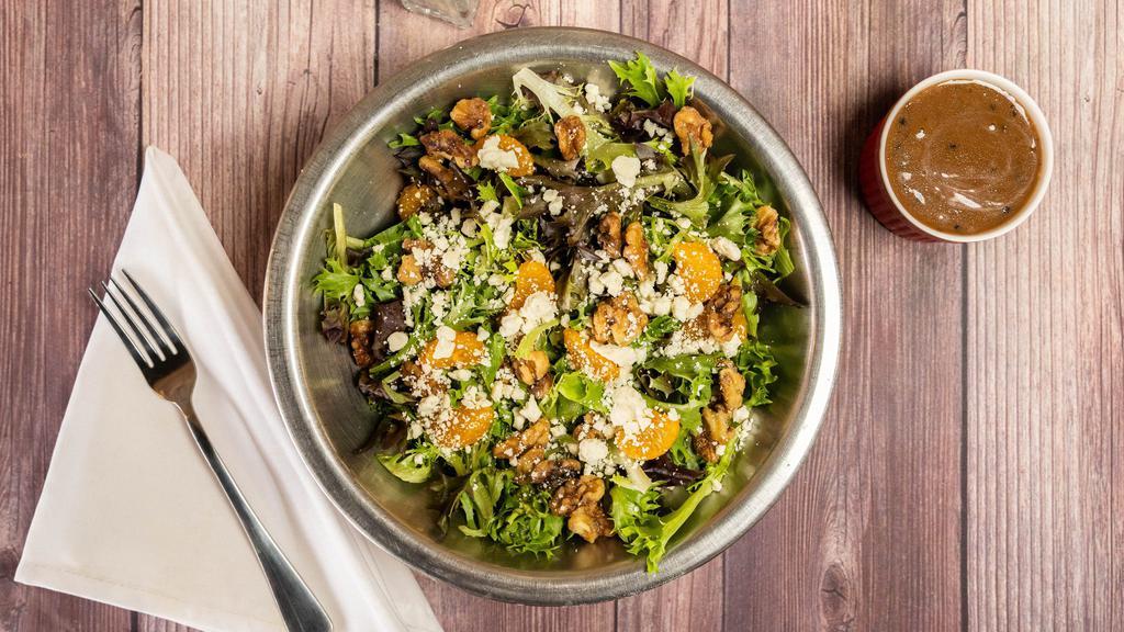 Oh Baby (Family Size) · Mixed baby greens with homemade candied walnuts, juicy mandarin orange slices and aged gorgonzola cheese crumbles with our signature balsamic vinaigrette