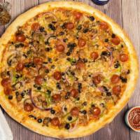 Bronx Pizza · Dough, Sauce, 100% Whole Milk Mozzarella, Pepperoni, Sausage, Red Onion, Black Olive, Green ...