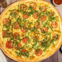 Tomato Basil Garlic Pizza · Dough, 100% Whole Milk Mozzarella, Roma Tomatoes, Fresh Garlic, Parmesan & Basil.