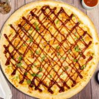 Bbq Chicken Pizza · Dough, 100% Whole Milk Mozzarella, BBQ Chicken,  Red Onion, BBQ Sauce Drizzle & Cilantro.