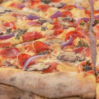 Freddy Jr Pizza · Grilled chicken, mushroom, pepperoni, red onion, dollops of house-made pesto