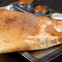 Mysore Plain Dosa · Rice and lentil crepe with garlic-red chutney spread