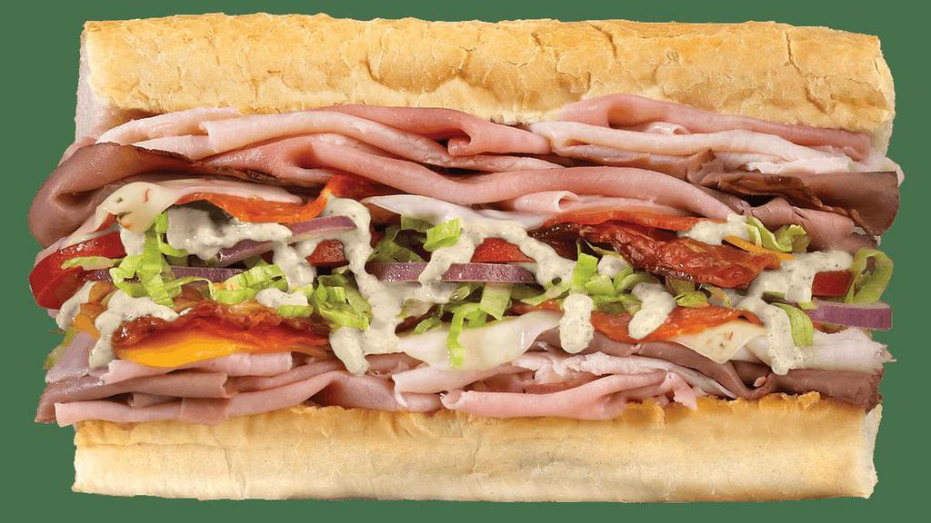 Wicked® · Turkey, Ham, Roast Beef, Pepperoni, Bacon,. Cheddar, Provolone, Pepper Jack, Lettuce, Tomatoes, Red Onions & Mayo