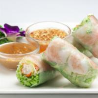 Fresh Spring Rolls · Rice paper stuffed with iceberg lettuce, cucumber, carrot, mint, and rice noodle served with...
