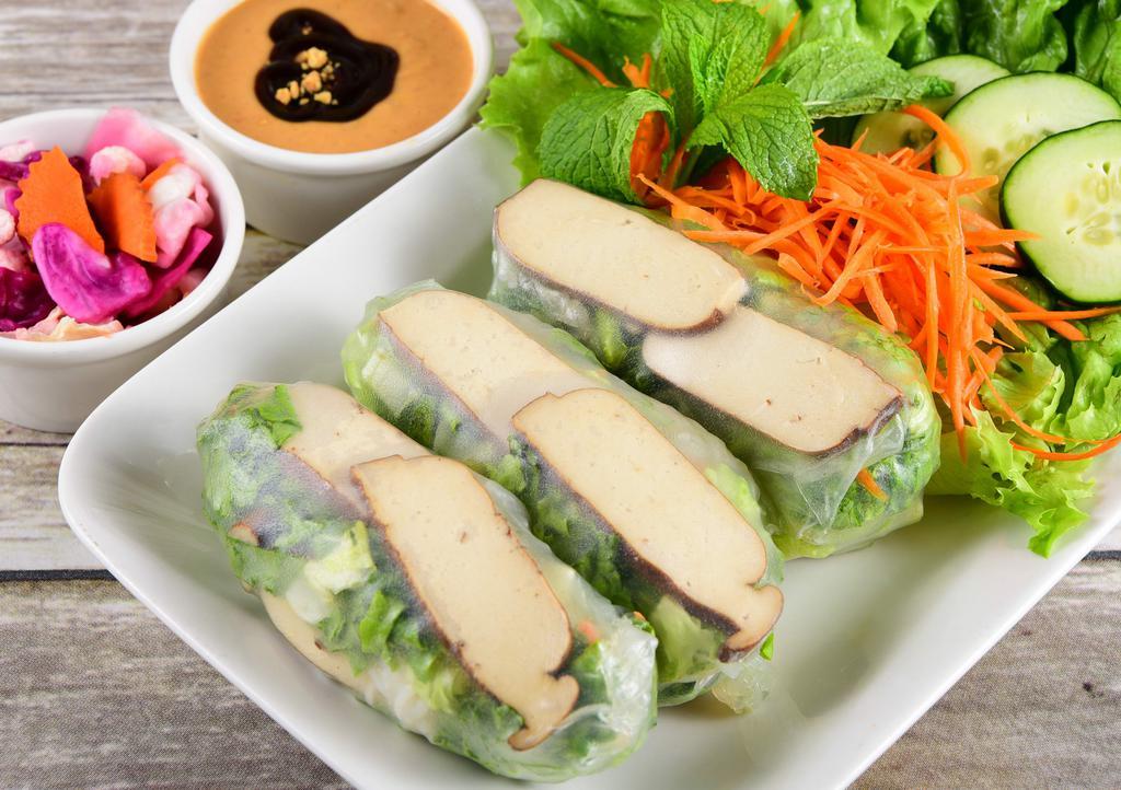 Tofu Fresh Spring Rolls (3) · Vermicelli rice noodle, green leaf lettuce, carrot, cucumber, baked tofu serve with VT sauce (peanut).