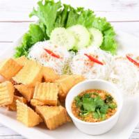 Fried Tofu · Deep-fried tofu served with vermicelli and sweet chili sauce topped with crushed peanuts.