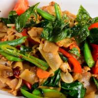 Pad Kee Mao (Drunken Noodle) · Spicy. Stir-fried flat rice noodle with your choice of meat, fresh Thai chili, garlic, basil...