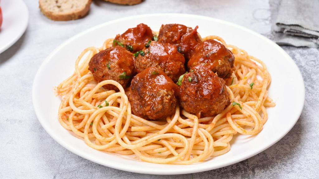 Spaghetti With Homemade
Meatballs · Spaghetti and homemade meatballs served with garlic bread and garden salad.