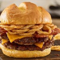 Double Bbq Bacon Cheddar Burger · Double Certified Angus Beef, aged cheddar cheese, applewood smoked bacon, haystack onions, b...