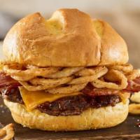 Bbq Bacon Cheddar Burger · Certified Angus Beef, aged cheddar cheese, applewood smoked bacon, haystack onions, bbq sauc...