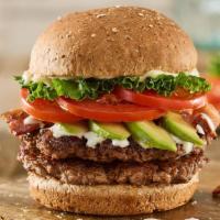 Double Avocado Club Burger · Double Certified Angus Beef, sliced avocado, applewood smoked bacon, lettuce, tomatoes, ranc...