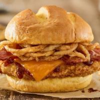 Bbq Bacon Cheddar Crispy Chicken Sandwich · Crispy chicken breast, aged cheddar cheese, applewood smoked bacon, haystack onions, bbq sau...
