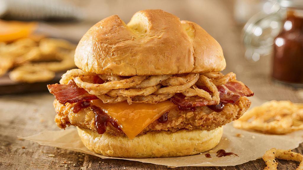 Bbq Bacon Cheddar Crispy Chicken Sandwich · Crispy chicken breast, aged cheddar cheese, applewood smoked bacon, haystack onions, bbq sauce, toasted bun