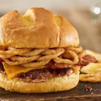 Bbq Bacon Cheddar Turkey Burger · Turkey burger, aged cheddar cheese, applewood smoked bacon, haystack onions, bbq sauce, toas...