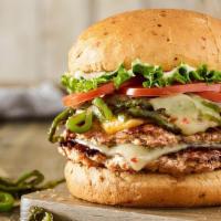 Colorado Turkey Double · Two grilled turkey patties, pepperjack cheese, melted cheddar cheese, grilled chiles, lettuc...