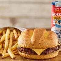 Kids Cheeseburger · Certified Angus Beef, American cheese, toasted bun, served with fries, drink