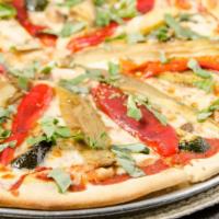 Vegetariana Pizza · Vegetarian. Tomato sauce, mozzarella, eggplant, bell peppers, mushrooms and basil.