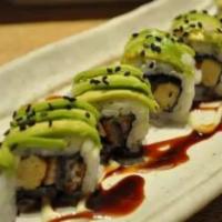 Caterpillar Roll · Eel, imitation crab & cucumber roll topped with avocado & eel sauce.