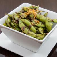 Spicy Garlic Edamame · Hot. Soybeans sautéed in garlic, butter and house special brown sauce.