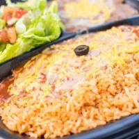 Enchilada Plate · Two ground beef enchiladas with salad, beans and rice.