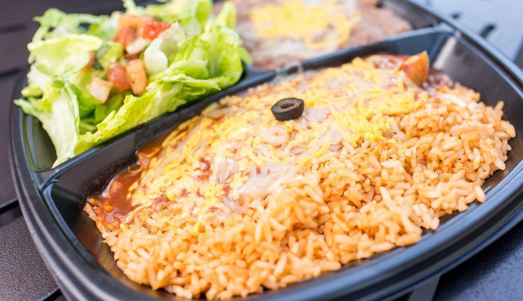 Enchilada Plate · Two ground beef enchiladas with salad, re-fried beans and spanish rice. 1225 cal.