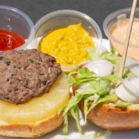 The Ili · Beef patty, lettuce, shallots, teriyaki mayo, pineapple, and on a brioche bun.