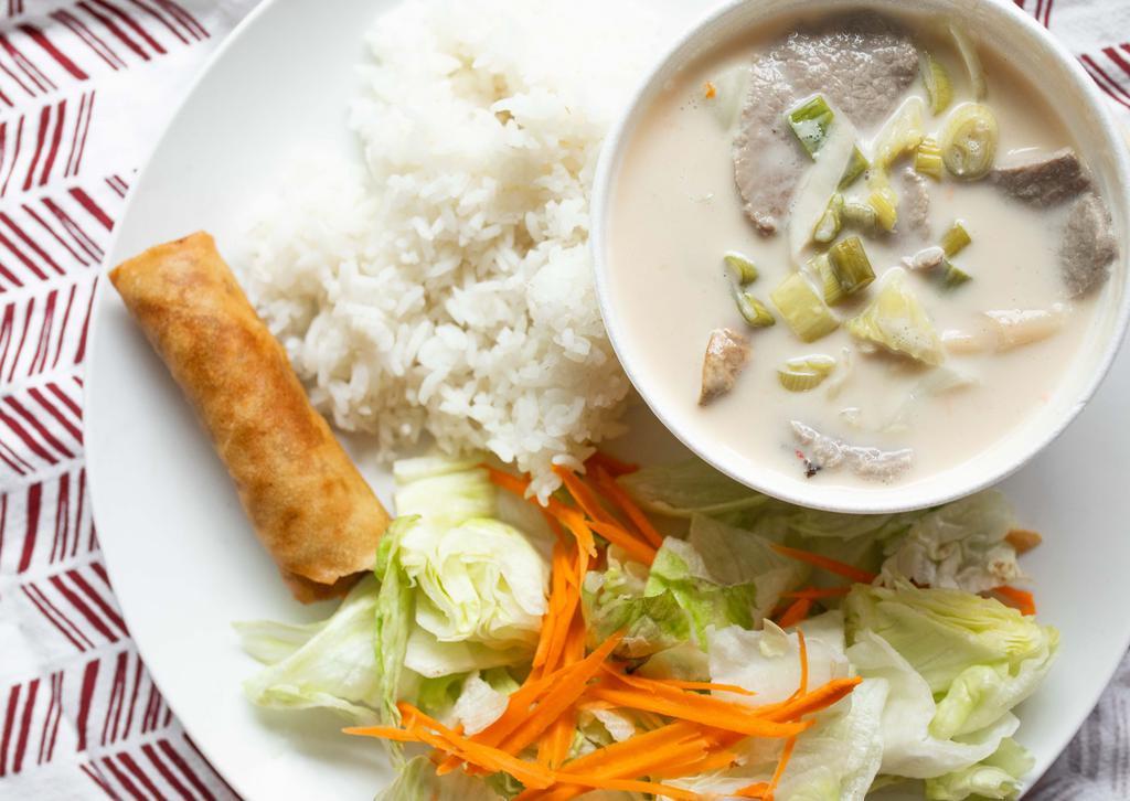 Tom Kha · Hot. Choice of chicken or shrimp in coconut soup with galanga, lemongrass and vegetables. Additional charge for shrimp.