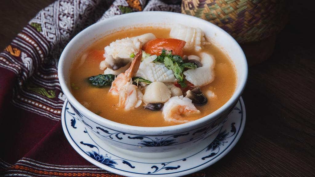 Tom Yum · Hot. Choice of chicken or shrimp with vegetables, lemongrass in hot & sour soup. Additional charge for shrimp.