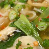 Wonton Soup · Wonton stuffed with grounded chicken & shrimp with vegetables, chicken, shrimp.