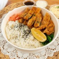 Chicken Katsu Bento · chicken thigh, tartar sauce, tonkatsu sauce, seaweed salad, white rice or chicken rice, add ...