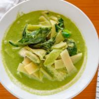 Green Curry · Contains chili paste. Green curry in coconut milk, bell peppers, bamboo shoots, green bean, ...