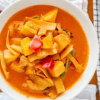 Mango Curry · Contains chili paste. Mangoes and pineapples in coconut milk (red curry), bell peppers, bamb...