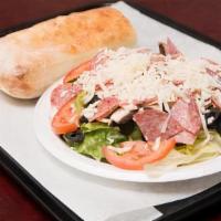 Antipasto Salad · Includes fresh baked Italian bread, fresh mixed greens, mushrooms, olives, tomato, mozzarell...