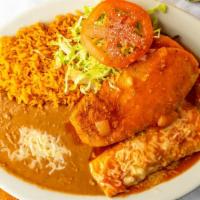 Enchilada & Chile Relleno · Enchilada is topped with red sauce and cheese.  Chile Relleno is a pasilla pepper filled wit...