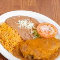 1 Chile Relleno · Pasilla pepper filled with cheese and tomato sauce on top.