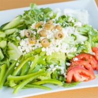Greek Salad · Vegetarian. Romaine lettuce, green mix, Feta cheese, tomato, Persian cucumber, onion, bell p...